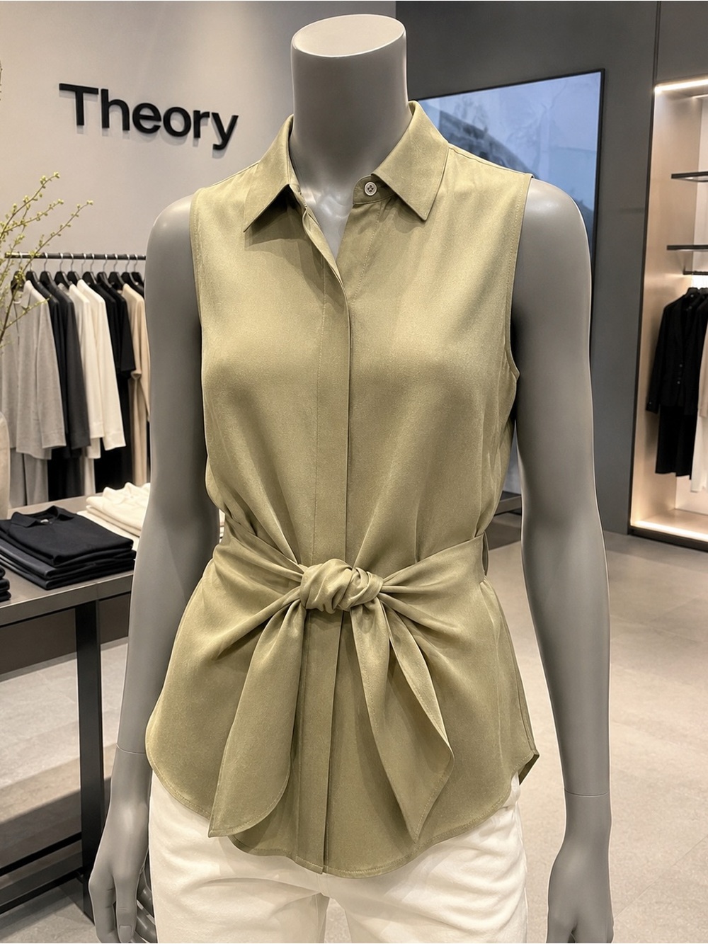 Theory Zallane SL Summer Silk Blouse Petite P 100% Silk Tie Waist Olive Green